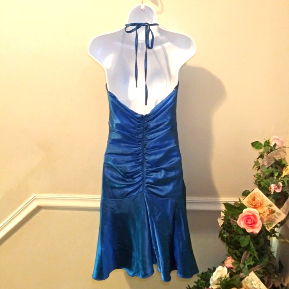 Vintage 90's Jessica McClintock Sexy Blue Satin & Rhinestone Ruched Halter Dress - Picture 5 of 11